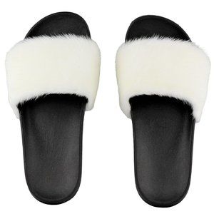 White Real Mink Fur Slide Sandals
